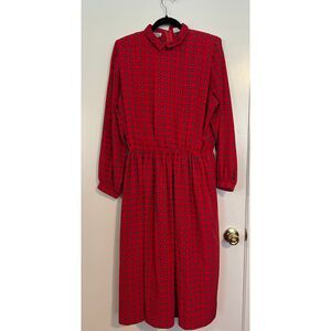 Vintage 80s Red Print Talbots Long Sleeve Pleated Midi Dress 16